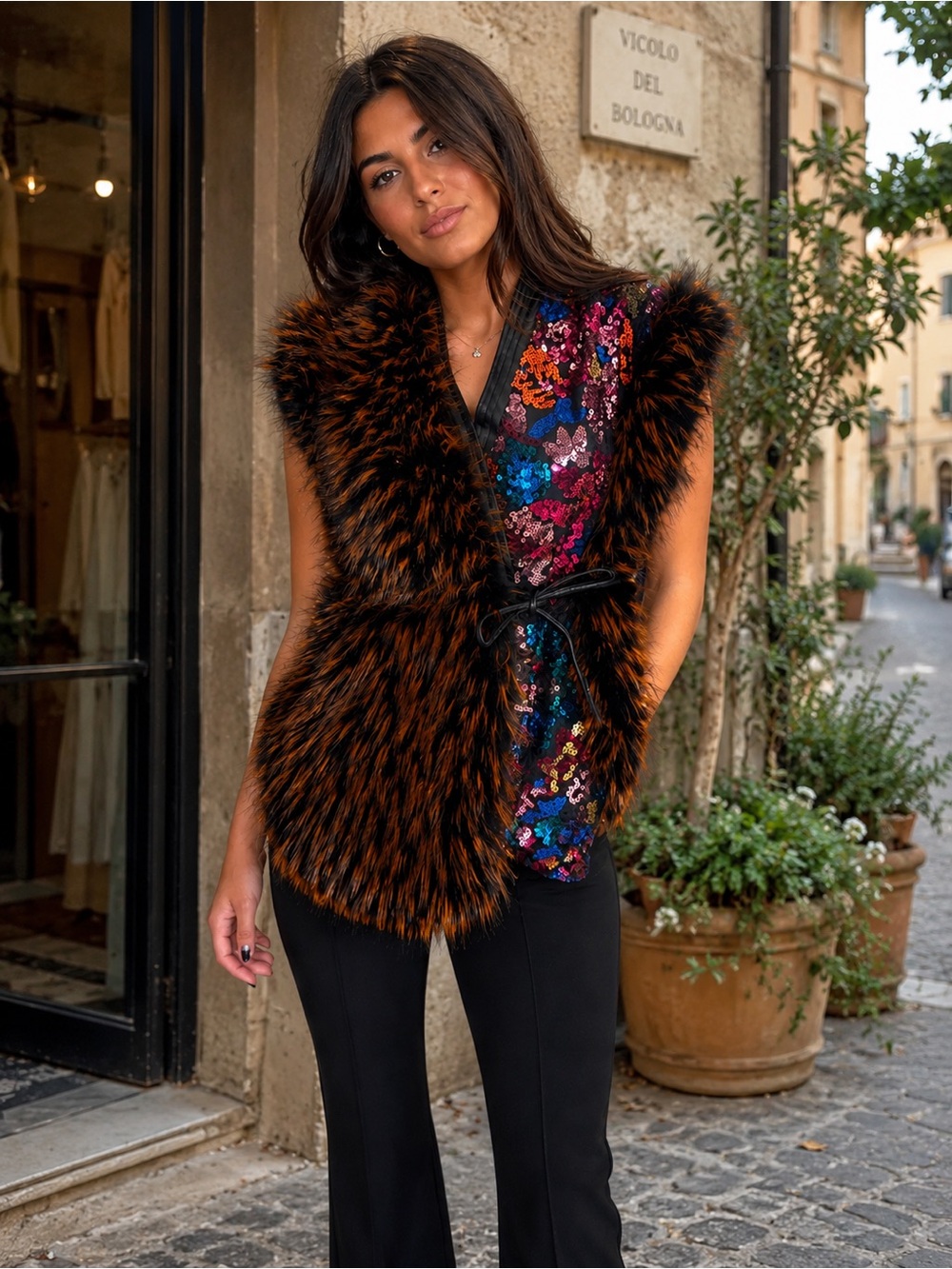 E01. From Paris 🇫🇷Faux Fur Vest with Multicolor Sequin Panel